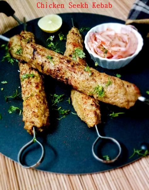 Seekh Kebab | Easy Chicken Seekh Kebab Recipe– Palate's Desire Kebabs In The Oven, Sheek Kebab, Shami Kebabs, Seekh Kebab Recipes, Seekh Kebabs, Seekh Kebab, Panini Recipes Chicken, Chicken Starter Recipes, Chicken Kebab Recipe