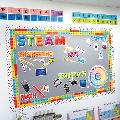 National STEM/STEAM Day is a great time to evaluate how you can improve upon the science, technology, engineering, arts, and math resources in your learning environment. Our STEM/STEAM-themed posters, bulletin board décor, workbooks, teacher resource books, and student readers are a great way to stimulate student interest in all things STEAM! Steam Bulletin Board, Science Border, Technology Classroom Decor, Math Decorations, Technology Bulletin Board, Steam Classroom, Science Bulletin Boards, Perfect Classroom, Science Room