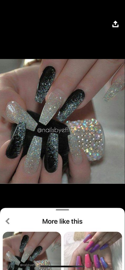 Black White And Silver Glitter Nails, Black And White Party Nails, Sparkly Black And White Nails, Fancy Black And Silver Nails, Wedding Nails For Bride Black And White, New Years Nails Silver Glitter, Black And White Homecoming Nails, Unique Black And White Nails, Black And White Nails For Prom