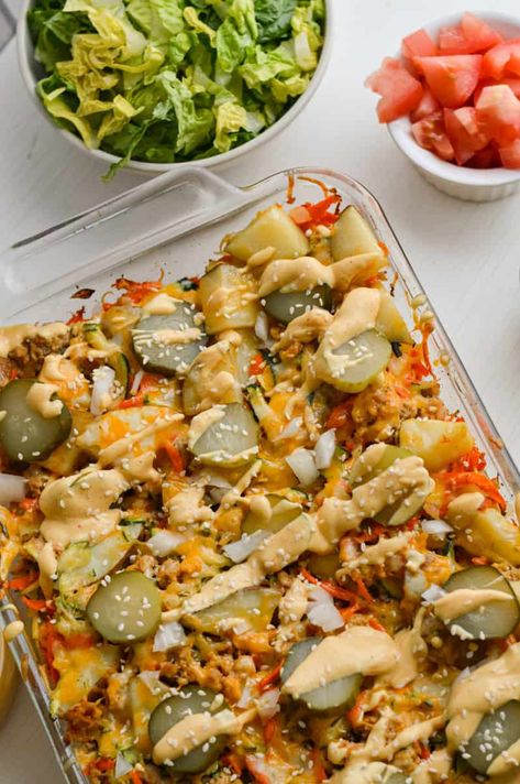 Healthy Big Mac Casserole - Nourished by Nic Nourished By Nic, Casserole High Protein, Healthy Big Mac Casserole, Whole 30 Big Mac Casserole, Big Mac Casserole, Macro Friendly Pizza Casserole, Macro Friendly Mac And Cheese, Macro Friendly Big Mac Salad, Beef Zucchini Casserole