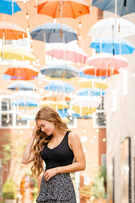 Senior Girl Posing Downtown in West Village in Chattanooga TN Umbrella Alley Chattanooga Photo Spots, Downtown Chattanooga Photography, Chattanooga Photoshoot, Chattanooga Riverwalk, Umbrella Alley, Senior Girl Posing, Chickamauga Battlefield, Mountain Family Photos, Downtown Chattanooga