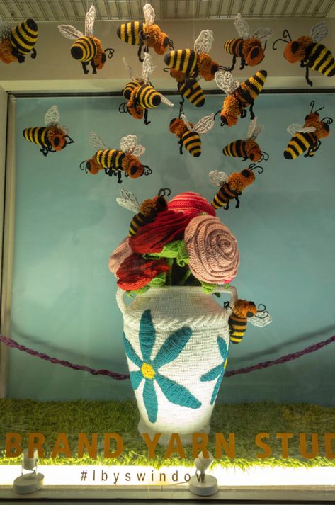 Yarn Display, Bee Things, Sweet As Can Bee, Giant Roses, Window Designs, Basketweave Stitch, Bee Costume, Wood Scraps, Crochet Bee