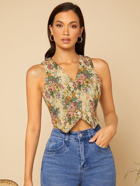 Vest Crop Top Outfit, Waist Coat Women Outfits, Vest Coat Outfits For Women, Floral Vest Outfit, Waist Coat Outfit Women, Coat Outfits For Women, Marriage Suit, Long Skirt Outfits For Summer, Dressy Vest