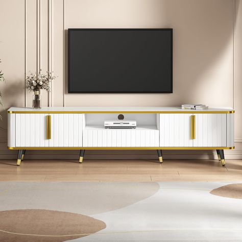 PRICES MAY VARY. [Stylish & Modern TV Stand]: The modern TV cabinet has the elegant groove pattern, and the edges of the cabinet are specially surrounded by gold lines, which adds an unusual beauty to the overall design. The longer tabletop can accommodate TVs of 80 inches or more. [Muti-functional Storage Space]: The TV console includes 2 storage cabinets and spacious drawer, providing ample space for a variety of living room items, keeping away from clutter. The open shelf with a storage hole, Luxury Minimalism, Groove Pattern, Unusual Beauty, Modern Tv Cabinet, Tv Stand Cabinet, Room Items, Cool Tv Stands, Storage Credenza, Modern Tv Stand