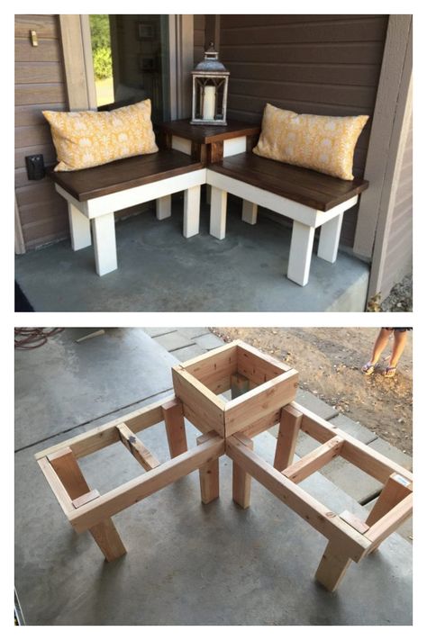 Corner Bench with Table DIY Tutorial Small Corner Bench, Diy Corner Table, Outdoor Corner Bench, Diy Corner Bench, Bench With Table, Corner Bench With Storage, Diy Wood Planter Box, Contemporary Kitchen Island, Kitchen Island Makeover