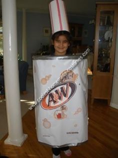 Homemade AW Rootbeer Soda Can Costume: One of our favorite drinks is AW Diet Rootbeer, so when my 10 year old asked for a Halloween costume I thought a AW Rootbeer Soda Can Costume would be Soda Can Costume, Soda Costume, Beer Costume, Cardboard Props, Diy Beer, Homemade Soda, Homemade Costume, Styrofoam Cups, A Halloween Costume