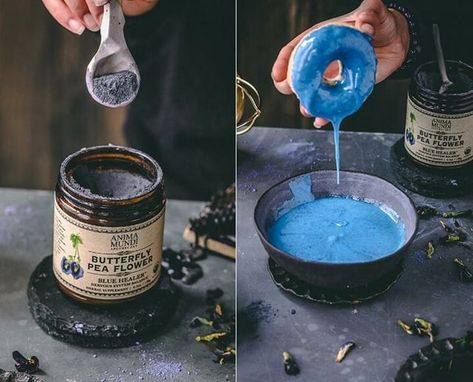 Natural Blue Dye Food, Natural Blue Food Coloring, Paleo Icing, Kitchen Magick, Butterfly Pea Flower Tea, Blue Frosting, Blue Icing, Artificial Dyes, Gluten Free Donuts