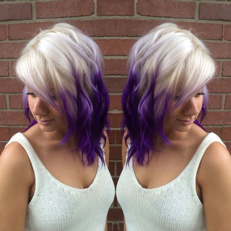 Short Blonde Hair With Purple Highlights, Purple And Blonde Hair, Teal Hair Highlights, Metallic Hair Dye, Blonde Hair With Purple Tips, Purple Hair Streaks, Purple Blonde Hair, Blonde And Blue Hair, Reverse Ombre Hair