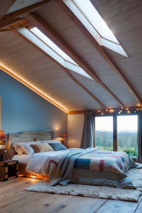 attic bedroom ideas with sloped ceiling and large windows Skylight Above Bed, Slanted Roof Bedroom Ideas, Attic Ceiling Ideas, Bedrooms With Sloped Ceilings, Skylights Ideas Ceilings, Slanted Roof Bedroom, Cozy Attic Bedroom, Attic Bedroom Ideas, Slope Ceiling