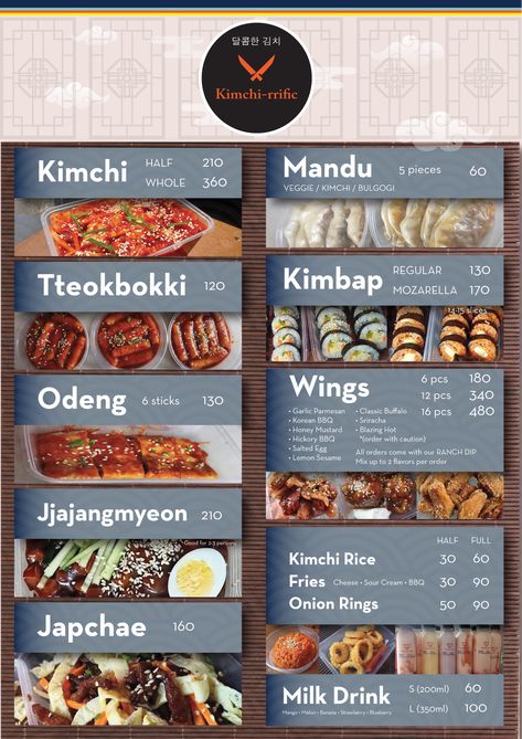 Korean Foods With Names, Korean Food Menu Design Ideas, Korean Menu Design Ideas, Korean Cafe Name Ideas, Korean Menu Food, Korean Food Menu Design, Korean Street Food Stall, Korean Menu Design, Korean Restaurant Food