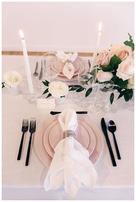 Wedding Black and Pink Flatware | Romance Meets Modern in this Seattle Wedding Inspiration | Black and Pink Wedding Tablescapes  | #weddings #weddingcake #cake  #weddingcakes  #wedding  #weddingideas #weddinginspiration Black Pink White Wedding, Blush Pink And Black Wedding Decorations, Black And Soft Pink Wedding, Blush Neutral Black Wedding, Pale Pink And Black Wedding, Blush Pink And Black Wedding Flowers, Blush Black Wedding, Blush Pink White And Black Wedding Reception Decoration, Black White And Pink Wedding Reception