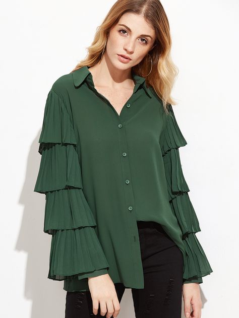 Pleated sleeves blouse Green Blouse Designs, Fall Fashion Skirts, Designer Kurtis, Layered Blouse, Fashion Tops Blouse, Sleeves Designs For Dresses, Fesyen Hijab, Stylish Dresses For Girls, Designs For Dresses