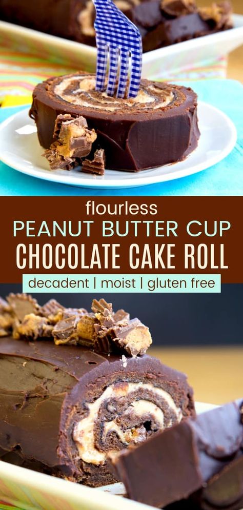 Peanut Butter Cup Flourless Chocolate Cake Roll - tender sponge cake is filled with peanut butter mousse and Reese's Peanut Butter Cups, then slathered with chocolate ganache. This decadent dessert recipe is also gluten free. Flourless Chocolate Peanut Butter Cake, Peanut Butter Mousse Filling, Chocolate Peanut Butter Dessert, Chocolate Cake Roll, Chocolate Roll Cake, Chocolate Peanut Butter Desserts, Dessert Halloween, Reese's Chocolate, Cake Celebration