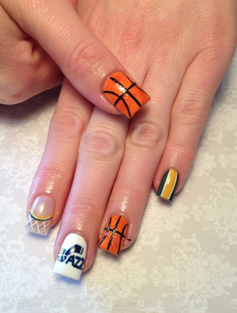 Utah Jazz Utah Jazz Nails, Nail Tip Colors, Basketball Nail Designs, Jazz Nails, Fingernail Polish Designs, Basketball Nails, Diy Nail Ideas, Mom Nails, Sports Nails