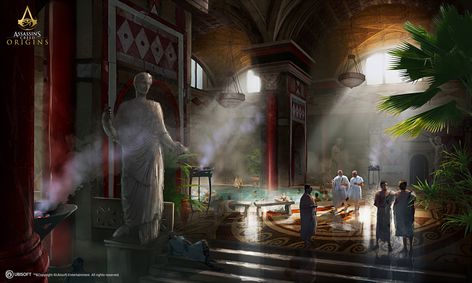 Roman Bath House, Ac Origins, Baths Interior, Roman Baths, Historical Painting, Bath Art, Fantasy City, Fantasy Castle, Fantasy Setting