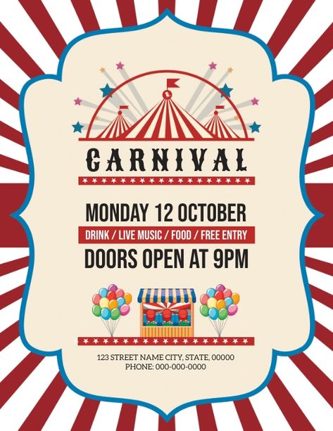 Copy of Carnival Party Flyer | PosterMyWall Carnival Flyer, Mardi Gras Invitations, Carnival Design, Carnival Invitations, Fall Carnival, Carnival Ideas, Harvest Fest, Carnival Posters, School Carnival