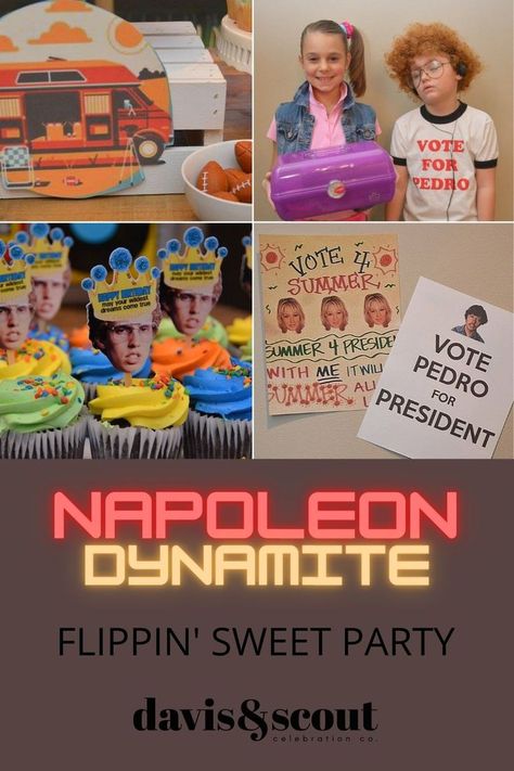 Flippin' Sweet Celebration with a Napoleon Dynamite theme. Check out the party inpiration photos and tips and tricks to pull off your own amazing Napoleon style celebration. #napoleon #napoleondynamite #voteforpedro #Flippinsweet #liger #themeparty #napoleontheme #birthdayparty #partydecor #kidsparty #funnybirthday #diybirthdaydecor Dynamite Birthday Party, Napoleon Dynamite Birthday, Napoleon Dynamite Party, Diy Kids Party, Food Bars, Budget Party, Napoleon Dynamite, Happy Birthday Balloons, 11th Birthday