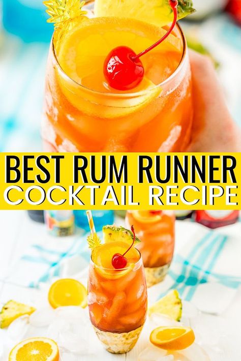 Aug 9, 2019 - This Rum Runner Cocktail is a fruity and refreshing cocktail made with banana, blackberry, orange, and pineapple flavors! Rum Runner Recipe Best, Fruity Rum Drinks Easy, Rumrunner Drink, Rumrunner Cocktail, Carribean Drinks Cocktails, Rum And Pineapple Drinks, Rum Pitcher Drinks, Rum Runner Cocktail, Rum Runner Recipe Easy