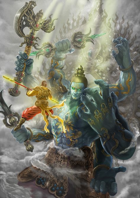 God Fantasy Art, Lone Warrior, Chinese Folk Art, Chinese Artwork, Warrior 2, Hinduism Art, Dark Art Drawings, Fantasy Paintings, Fantasy Monster