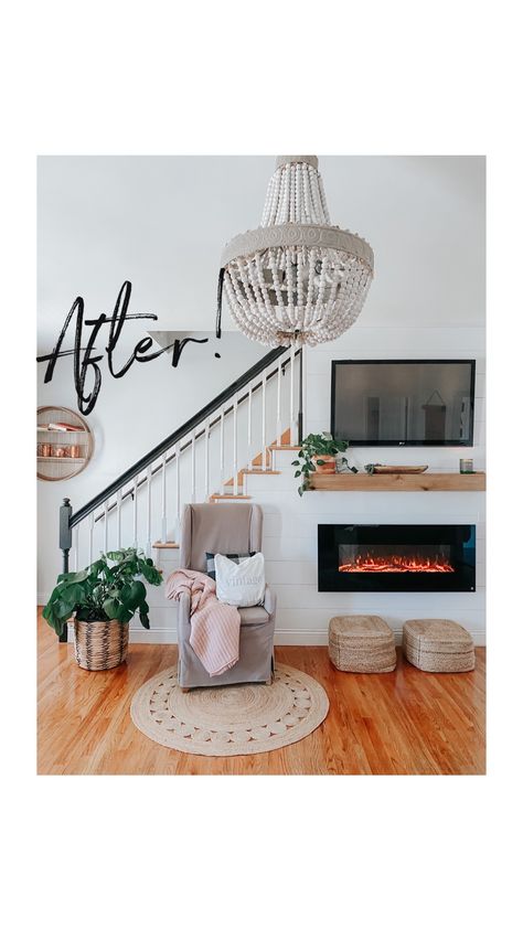 Tv Mount Under Stairs, Electric Fireplace Under Stairs, Fireplace By Stairs, Fireplace Near Stairs, Fireplace Next To Stairs, Fireplace On Staircase Wall, Boho Electric Fireplace, Fireplace Under Stairs, Wall Mounted Fireplace Electric