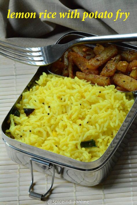 Kids School Lunch Box 13 - Lemon Rice with Potato Fry, lemon rice, potato fry, kids lunch box ideas, what to pack, easy indian recipes Lunch Box Recipes Indian For Kids, Tiffin Box Recipes, Vegetable Pakora, Tiffin Recipes, Lunch Box School, Kids Lunch Box Ideas, Tiffin Ideas, Lunch Recipes Indian, Potato Fry