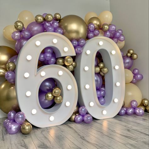 60 Marquee Numbers, Balloon Garland Purple, Gold Balloon Decor, 60th Birthday Ideas For Mom Party, 60th Birthday Ideas For Mom, Birthday Balloon Garland, 60th Birthday Balloons, Marquee Numbers, 60 Balloons