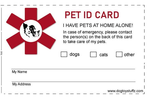 Don’t let your health care concerns, an illness, incapacitation, or a sudden emergency keep you from notifying someone that you have pets at home alone that need care. This free, easily printable pet care ID card fits like a credit card in your wallet so you have it with you and accessible at all times to show that your pets may need help.  Click to print it, fill it out, place in your wallet & for free:    The free emergency pet care wallet cards can help emergency responders find your pet care ca Emergency Card Template, Pet Records Printable Free, Pet Sitter Instructions Free Printables, Pet Binder Printables Free, Pet Emergency Card, Pet Care Printables, Pets At Home, Emergency Contact, Toy Puppies