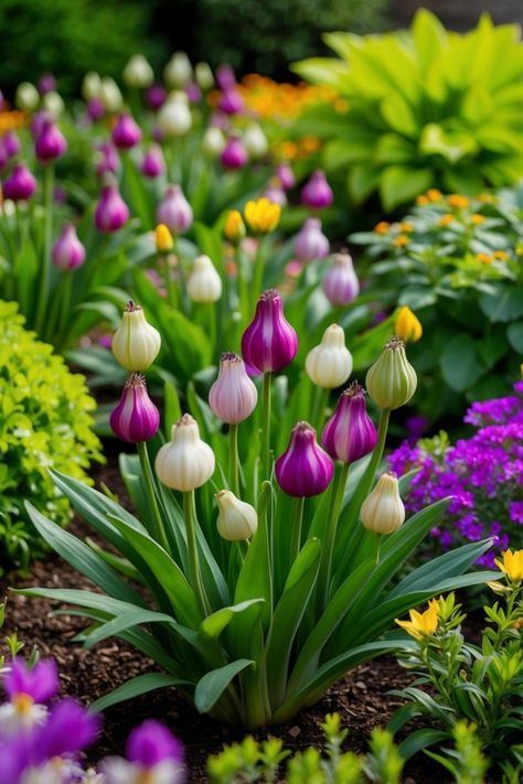 A lush scene showcasing 51 garden colchicum bulbs blooming next to bright foliage and colorful flowers, perfect for inspiring gardening enthusiasts. Planting Spring Bulbs In Fall, Iris Reticulata, Spanish Bluebells, Dutch Iris, Glory Of The Snow, Crocus Bulbs, Fall Planting, Garden Bulbs, Attracting Bees