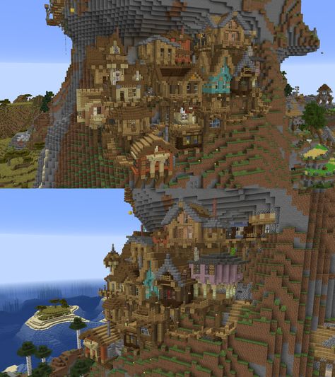 A suspended village - Minecraft Minecraft Suspended House, Village Minecraft, Minecraft Mansion, Minecraft Houses Blueprints, Minecraft Structures, Easy Minecraft Houses, Minecraft House Tutorials, Minecraft Medieval, Minecraft Room