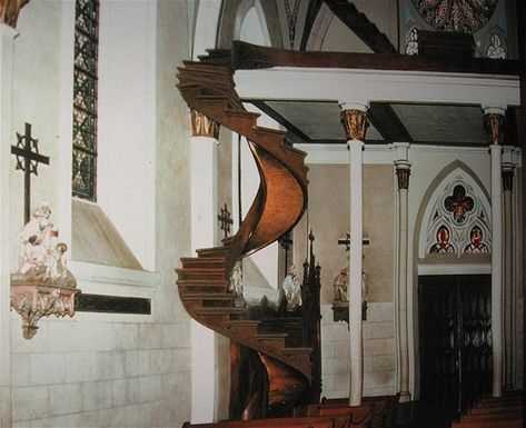 LORETTO CHAPEL SPIRAL STAIRCASE I took a photo of a photo of the original spiral staircase without the railings. Mysterious.... All the nuns kept falling off as they descended, so they had to make hand rails. Loretto Chapel, Sante Fe, Spiral Stairs, Land Of Enchantment, Saint Joseph, Stairway To Heaven, Old Church, Spiral Staircase, Catholic Art