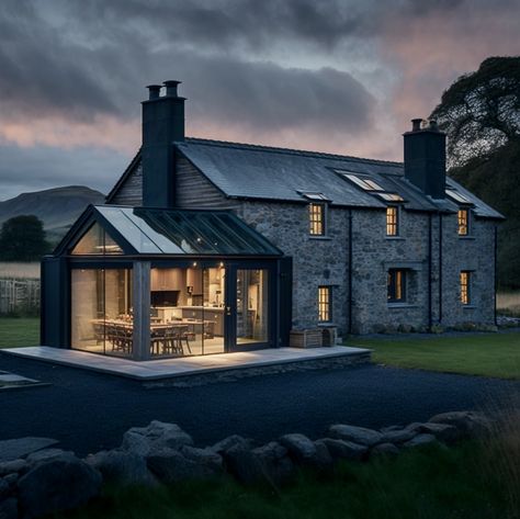 Country Modern House, House Additions Ideas, Barndominium Ideas Farmhouse, Compound Living, Ireland Houses, Woodland House, Farmhouse Architecture, Barndominium Ideas Exterior, Long House