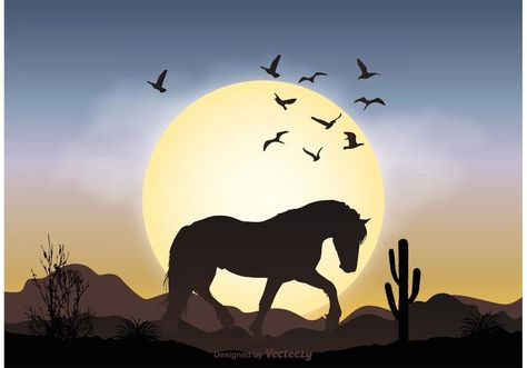 Wild Horse Landscape Illustration - https://www.welovesolo.com/wild-horse-landscape-illustration-5/?utm_source=PN&utm_medium=welovesolo59%40gmail.com&utm_campaign=SNAP%2Bfrom%2BWeLoveSoLo Horse Landscape, Beautiful Horses Photography, Painted Horses, Silhouette Pictures, Horse Posters, Western Paintings, Horse Illustration, Horse Silhouette, Desert Art