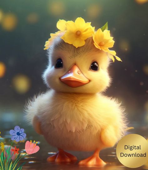 Bring a touch of springtime cuteness to your nursery decor or DIY crafts with our adorable digital download image! This charming illustration features a cute little duck wearing a yellow flowers headband, perfect for adding a whimsical touch to any project. With this high-quality digital art, you can create personalized prints, greeting cards, stickers, and more. Let your creativity take flight as you incorporate this cute duckling clipart into your crafts. Duck Digital Art, Fuzzy Duck, Duck Tattoos, Flowers Headband, Diy Nursery Decor, Cute Ducklings, Charming Illustration, Drawing Prompts, Duck Art