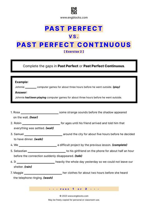 #english #englishgrammar #pastperfect #pastperfectcontinuous #pastperfectpastperfectcontinuous #esl #eslworksheet  #engblocks #eslwebsite Past Perfect Continuous Worksheets, Past Perfect Worksheets, Past Perfect Continuous Tense, Esl Adults, Simple Present Tense Worksheets, Tenses English, English Grammar Exercises, Simple Present Tense, Perfect Tense