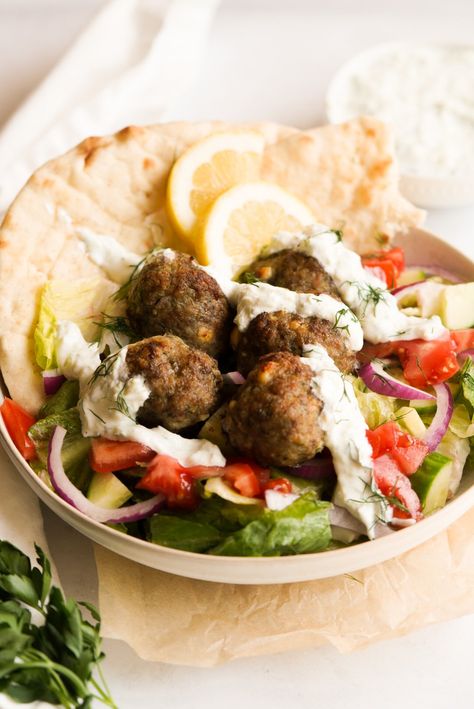 Greek Lamb & Feta Meatballs with Tzatziki Sauce - Wellness by Kay Greek Lamb Meatballs, Salad Supreme Pasta Salad, Greek Style Lamb, Mediterranean Lamb Meatballs, Lamb Meatballs And Rice, Lamb Meatballs With Feta, Greek Chicken Breast, Lamb Meatballs Greek, Baked Greek Chicken