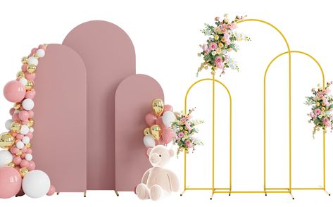 PRICES MAY VARY. 【Wedding Arch and Covers Package】Package contains 3pcs wedding arch and 3pcs arch cover. Size: 6x2.6ft,5x2.2ft,4x1.7ft(HxW). Material: metal wedding arch and spandex arch cover. Color: White arch cover and gold wedding arch. Decorate your party with our gold arch and arch covers to create an epic decor for your celebration. 【Portable and Easy Assembly】Metal wedding arch can be quickly assemble with screws in minutes. The wedding arch covers covering with double-sided covering wi Floral Balloon Arch, Arch Backdrop Stand, Wedding Arch Backdrop, Balloon Arch Decorations, White Wedding Arch, Metal Wedding Arch, Bridal Shower Backdrop, Metal Wedding, Arch Backdrop