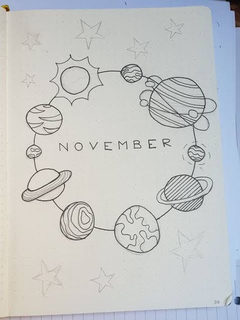 Solar System Notes Aesthetic, Planet Doodles Solar System, Solar System Journal, Bujo Planet Theme, Doodles Planets, Space Doodles Aesthetic, Bullet Journal Space Theme, Journal Ideas November, Planet Doodles