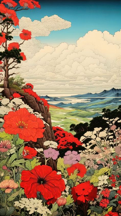 Traditional japanese wood block print illustration of heaven flowers garden landscape outdoors painting nature. | premium image by rawpixel.com / Ling Outdoors Painting, Japanese Block Print, Spiritual Garden, Wood Block Print, Woodblock Printing, Nice Designs, Heaven Art, Japanese Print, Image Paper