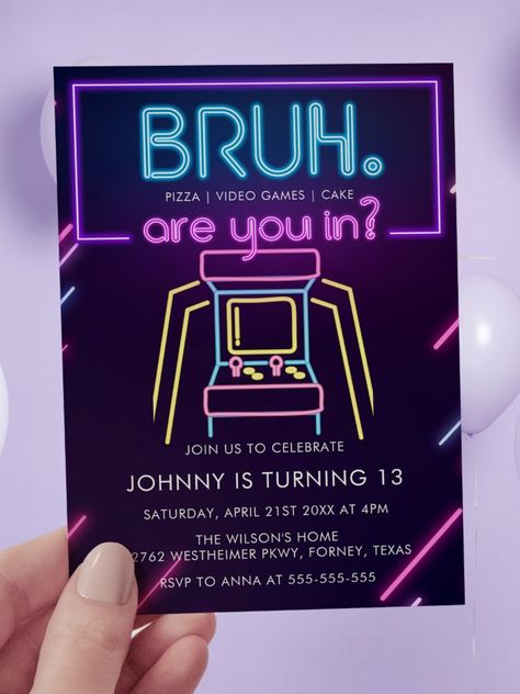 Bruh, You In? Neon Arcade Video Games Boy Birthday Invitation Bruh, You In? Neon Arcade Video Games Boy Birthday Invitation #happybirthday #birthdaycards #birthdayparty #gaminginvitation #gaming #retrogaming #arcade #gamingcontroller #oldschool Neon Arcade, Neon Video, Video Game Birthday Party, Neon Cakes, 10th Birthday Invitation, Game Birthday Party, Video Game Cakes, 13th Birthday Invitations, Bunny Invitations