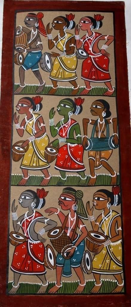 Bengal Folk Art Painting, Patchitra Painting Bengal, Santhal Painting Folk Art, Gond Painting Folk Art Birds, Bengal Art Paintings, Kamalkari Painting, Potochitra Painting, Santhal Paintings, Kalighat Paintings Folk