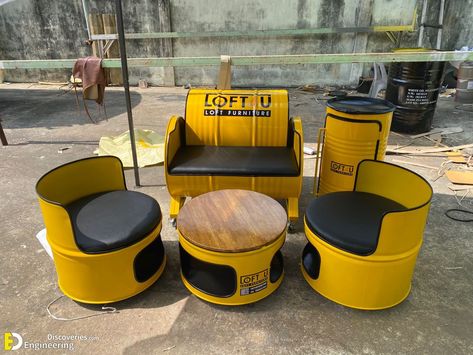 Practical Ways To Recycle Old Gallon Metal Drums Metal Barrel Furniture, Ikea Wardrobe Hack, Drum Seat, Iron Furniture Design, Wood Spoon Carving, Outdoor Restaurant Design, Garage Furniture, Tricycle Bike, Car Part Furniture