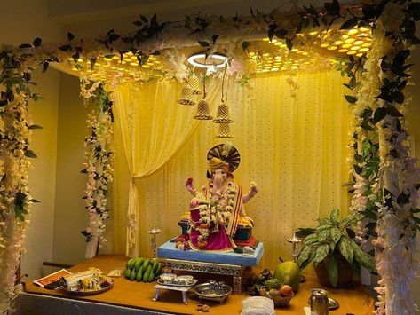 Decoration Ganesh Festival, Light Decoration For Ganpati, Ganapati Decoration Background, Decorating Ideas For The Ganpati, Banana Tree Decoration For Pooja, Ganesha Background Decoration, Ganpati Lighting Decoration, Ganesh Decorations At Home, Ganpati Gauri Decoration At Home