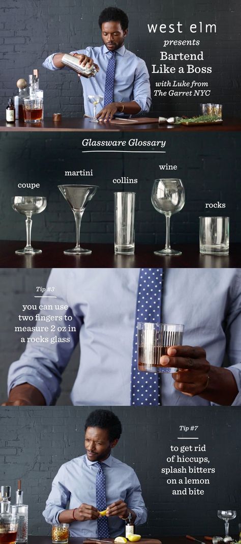 Learn the bartending basics and a couple of pro tips, too. | @westelm Bartender Tricks, Travel Bartender, Cocktail Tutorial, Bartender Tips, Bartending Basics, Bartending 101, Bar Tending, Bartending School, Bartending Tips