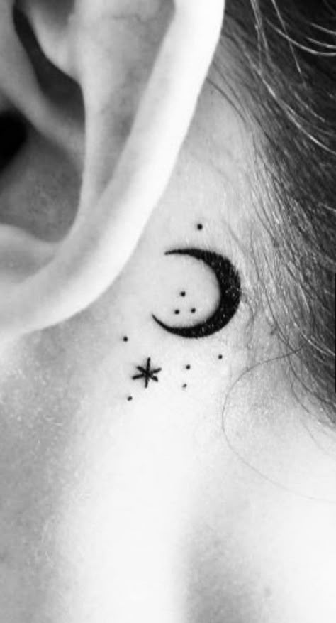 Behind Ear Tattoo Moon Stars, Moon And Stars Neck Tattoo, Witchy Ear Tattoo, Moon And Stars Tattoo Behind Ear, Moon Phases Tattoo Behind Ear, Behind The Ear Moon Tattoo, Behind Ear Tattoo Moon, Crescent Moon Tattoo Behind Ear, Star Behind The Ear Tattoo