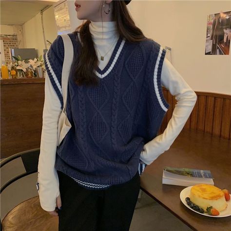 Cable Knit Sweater Vest Product Information Material: 100% Cotton Color: Navy Blue One Size: Total Length: 67cm, Bust: 120cm, Shoulder Width: 47cm There may be a 2cm - 4cm variance in product size Sweaters Vest, Belly Clothes, Pink Maternity Dress, Preppy Mode, Sweater Vest Outfit, Clothes Korean Style, Korea Style, Blue Vests, Sweater Vest Women