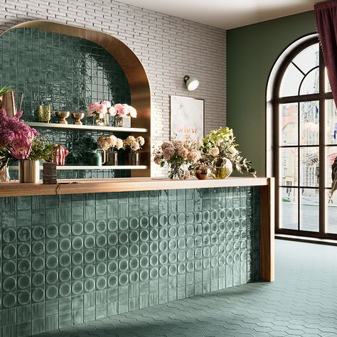 Luxor | Grestec Tiles Glossy Ceramic Tile, Bar Tile, Bar Counter Design, Hidden Kitchen, Green Bar, Floor Edging, Counter Design, Calacatta Marble, Italian Tiles