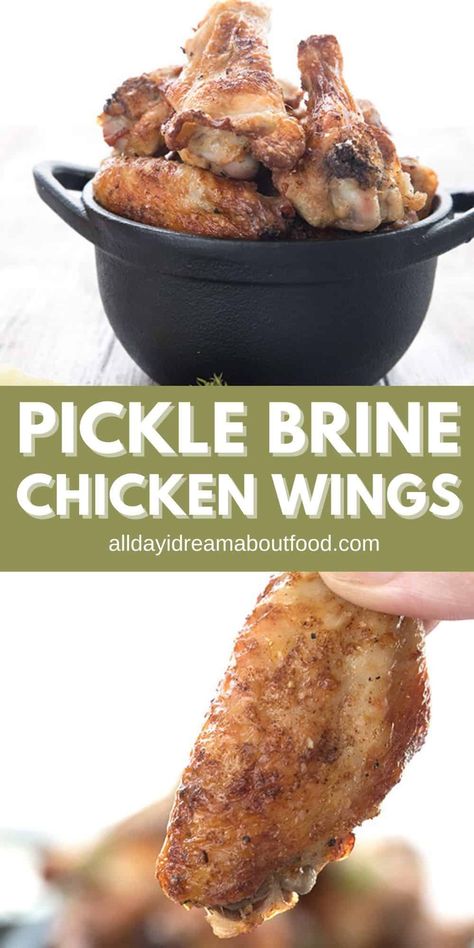 Stop! Don't throw that pickle brine out. Have you ever brined your chicken in pickle juice? It creates deliciously juicy and tangy keto chicken wings. They're full of flavor and wonderful crispy. Both air fryer and oven baked instructions. And almost zero carb! #picklebrine #crispywings #chickenwings #airfryer #ovenbaked Carnivore Chicken Wings, Brine Chicken Wings, Pickle Brine Chicken, Keto Pickles, Keto Wings Recipe, Pickle Brined Chicken, Brined Chicken Wings, Keto Wings, Carolyn Ketchum