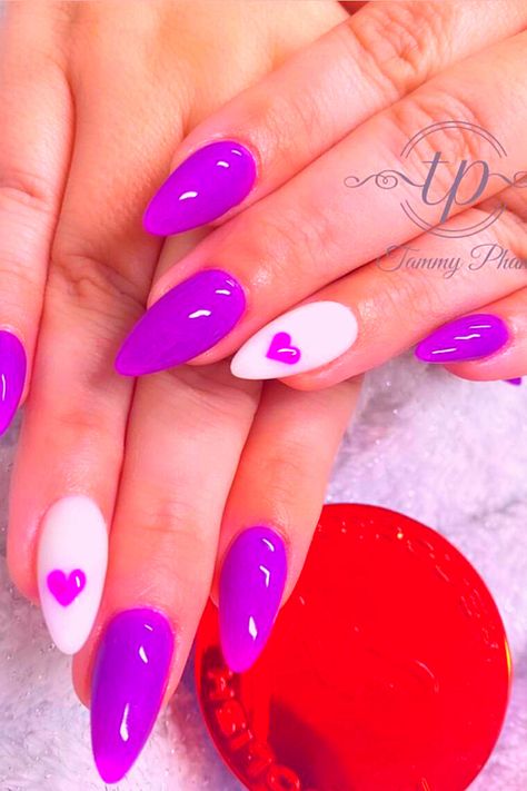 Almond Shaped Nails Long, Purple Valentines Nails, Purple Valentines Day Nails, Valentines Day Nails Square, Valentines Day Nails Ideas, Nails Hard Gel, Nails With Purple, Long Nail Ideas, Gel Nails Nail Art