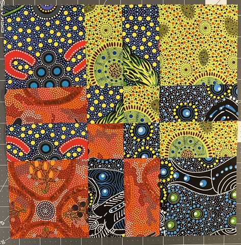 I kept getting peeks of all those aboriginal scraps left over from my Libby quilt. They kept calling to me and so I pulled them out this evening after our walk. In that pile of scraps were pieces l… Scrap Quilts Ideas Free Pattern, Aboriginal Quilts, Australian Quilts, Modern Machine Quilting, Quilted Bag Patterns, Aboriginal Fabric, Quilt Techniques, Quilt Blocks Easy, Aboriginal Patterns