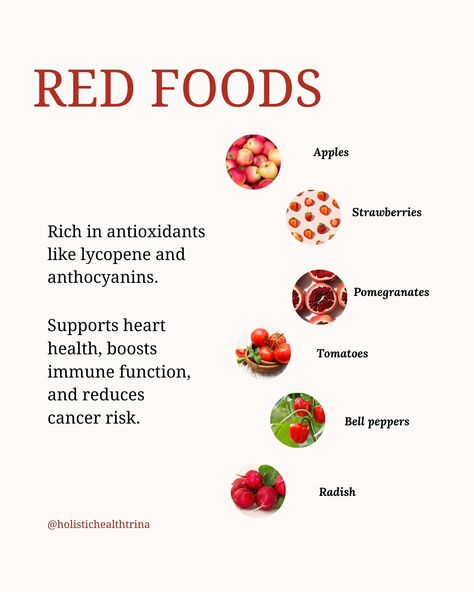 Did you know the colour of your fruits and veggies can reveal their health benefits? 🥦🍓 Adding a variety of colours to your meals isn't just for looks—it helps ensure your body gets a balanced mix of vitamins, antioxidants, and nutrients. Swipe to see how each colour contributes to your well-being. After all, food is our medicine 🌈 Save this for later to refer back to!  #holistichealth #nutritiontips #nutrientbenefits #foodtips #fruitandvegetables #healthfacts #healthyliving #healthtips ... Fruits And Their Benefits, Rainbow Eating, Cookout Food, How To Eat Better, Eating Recipes, Red Food, Red Fruit, All Food, Health Facts